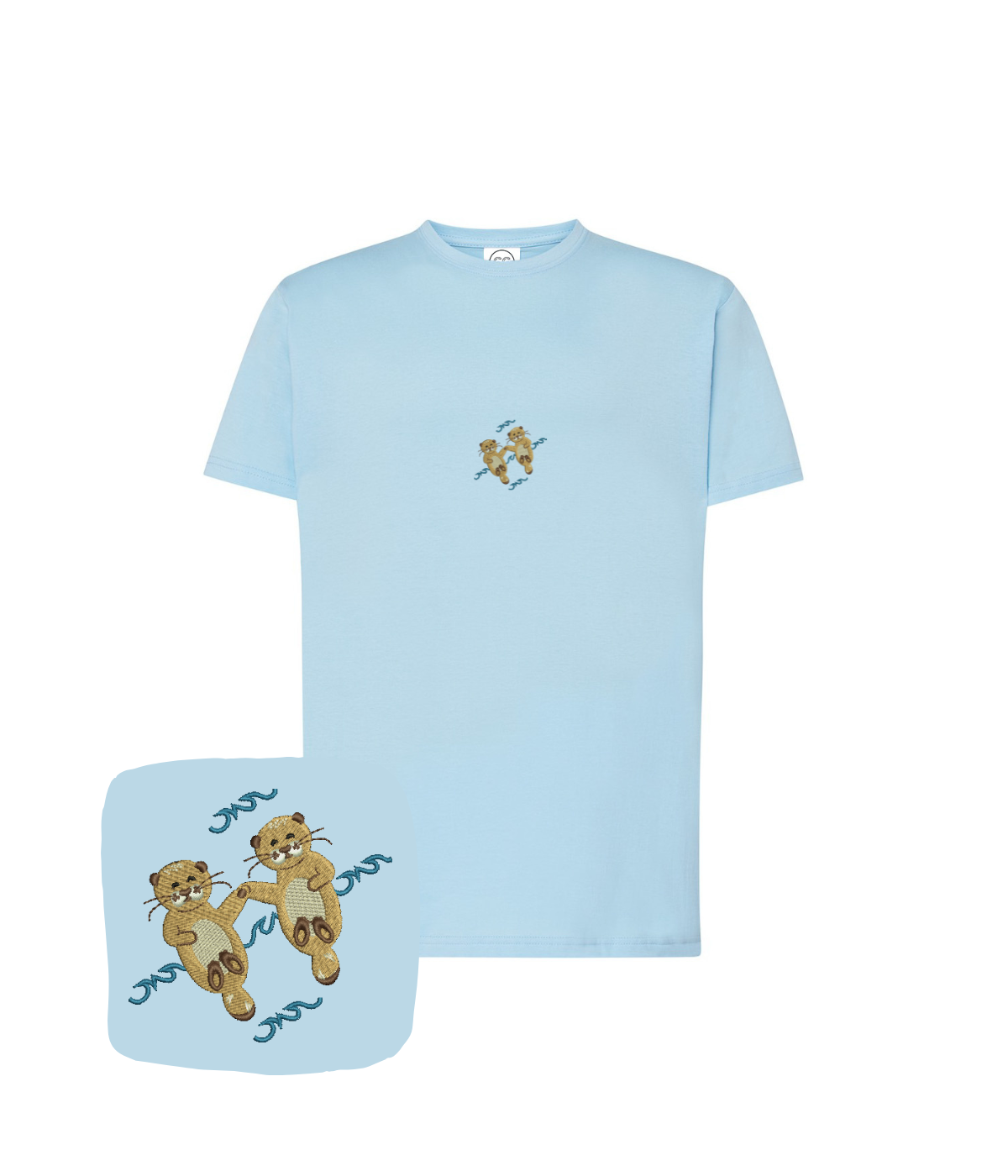 Light blue CustomClothes.pl T-shirt with embroidered otter design featuring a playful animal print.
