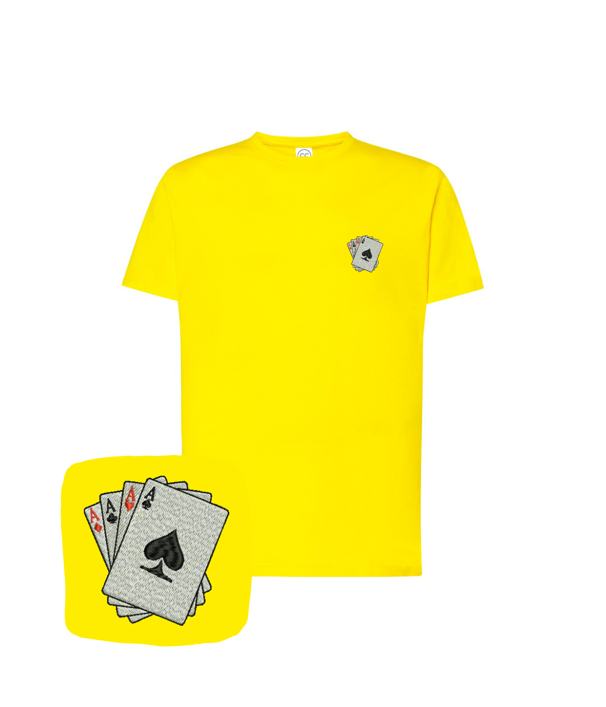 Embroidered T-shirt featuring four aces design from CustomClothes.pl, casual fit with detailed embroidery on the front.