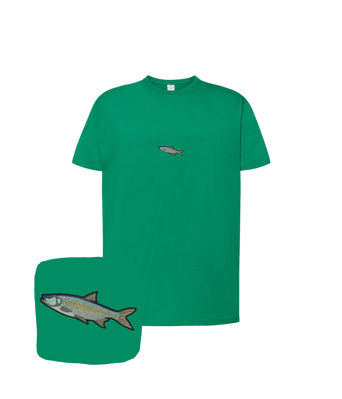 Blue T-shirt with embroidered fish boleń design from CustomClothes.pl, featuring detailed fish embroidery on the front.