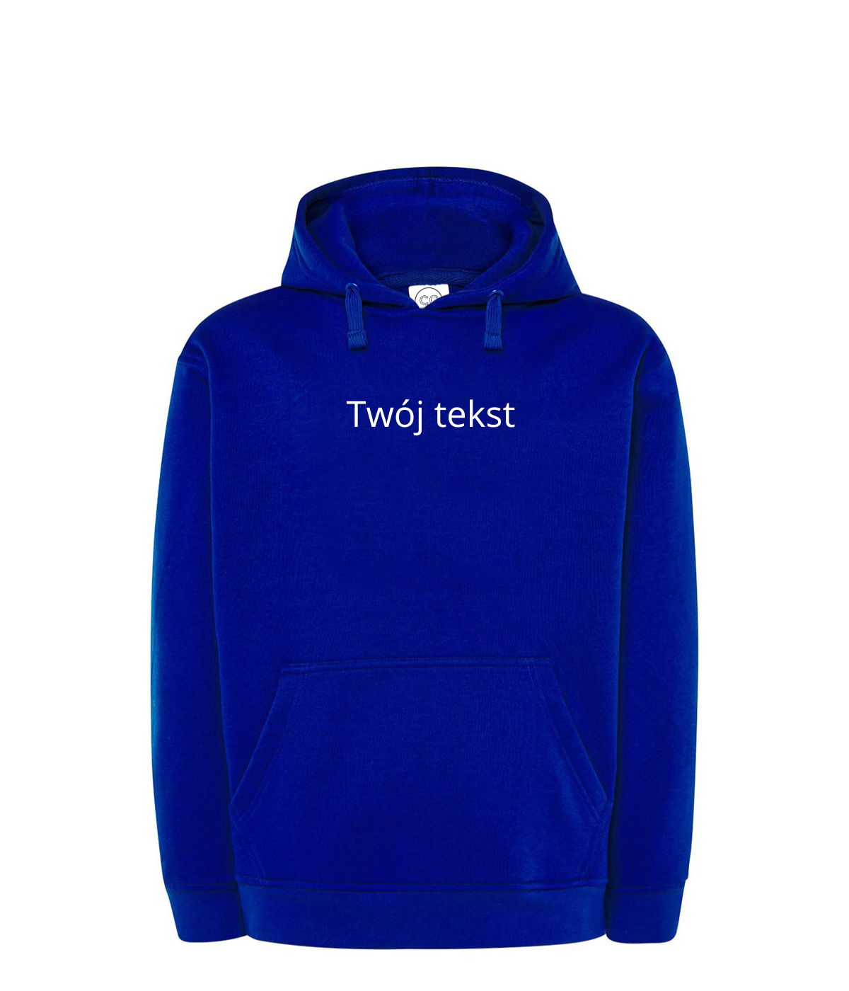 Personalized hoodie with custom small text, featuring a front pocket and drawstrings, from CustomClothes.pl.