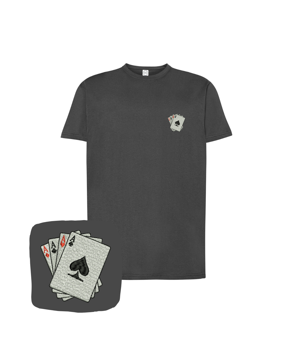 CustomClothes.pl embroidered T-shirt featuring four aces design, casual fit, with intricate sewn details on the front.