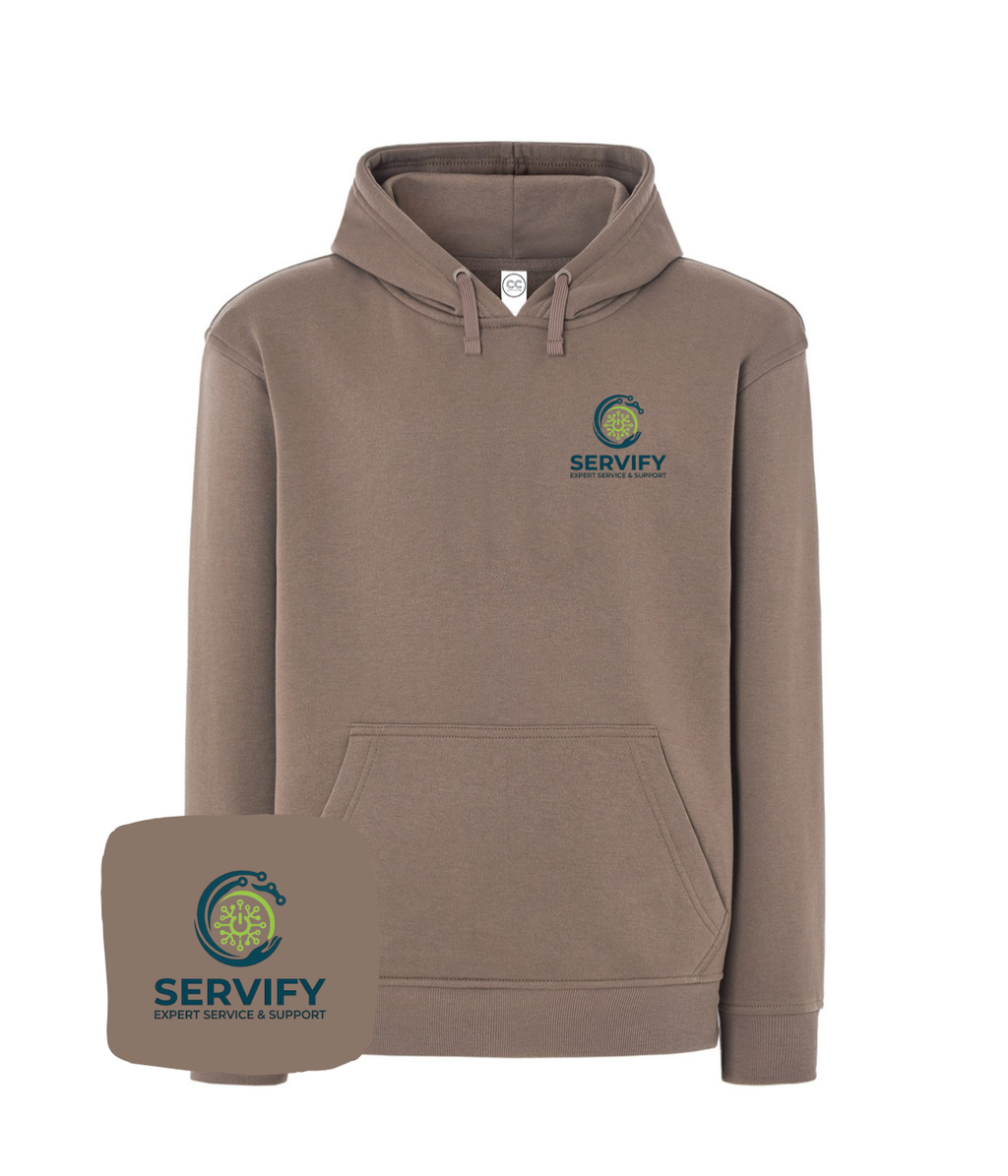 Blue hoodie with embroidered company logo on the chest, made by CustomClothes.pl. Comfortable casual wear with detailed embroidery.