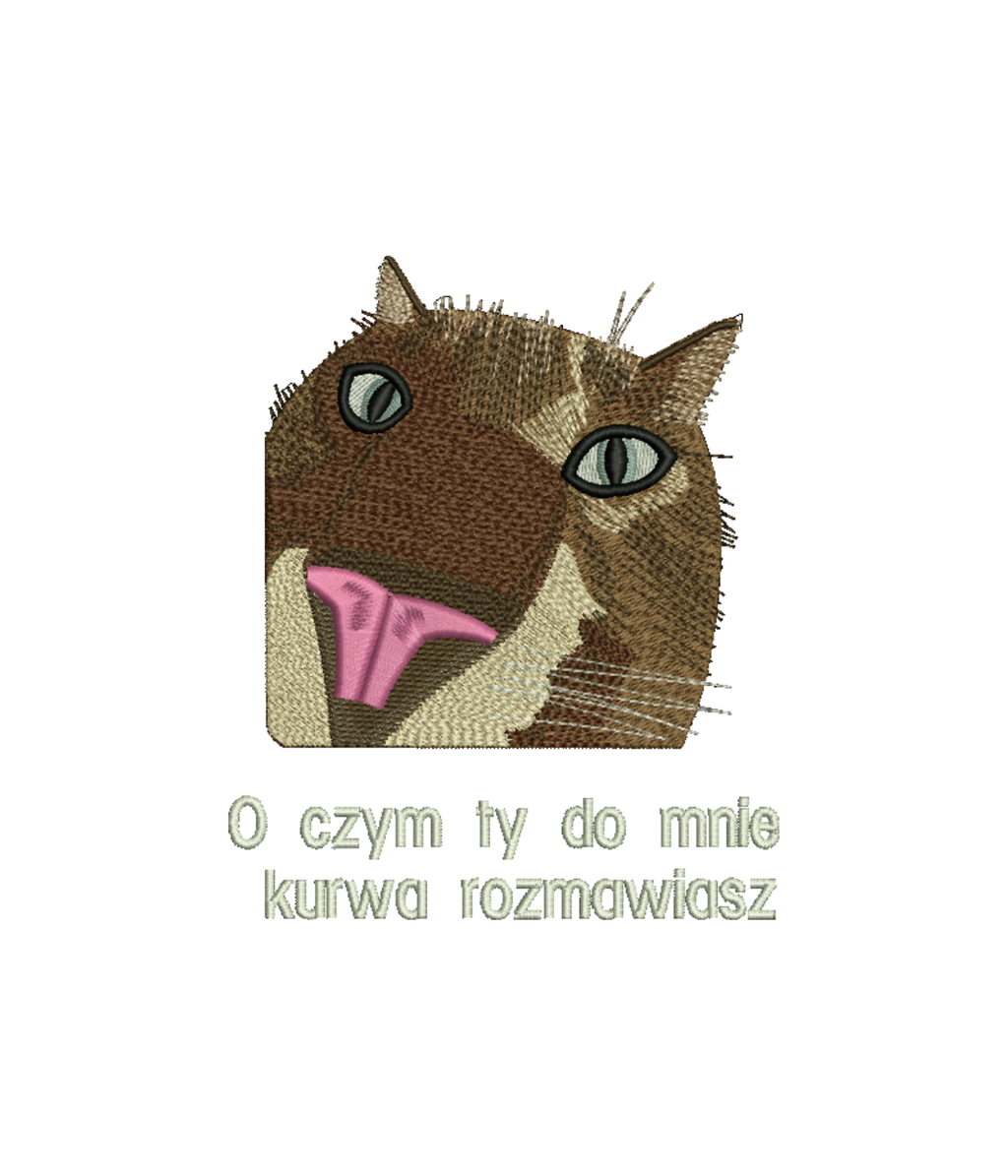 Gray hoodie with embroidered cat design and humorous text, casual fit, from CustomClothes.pl.