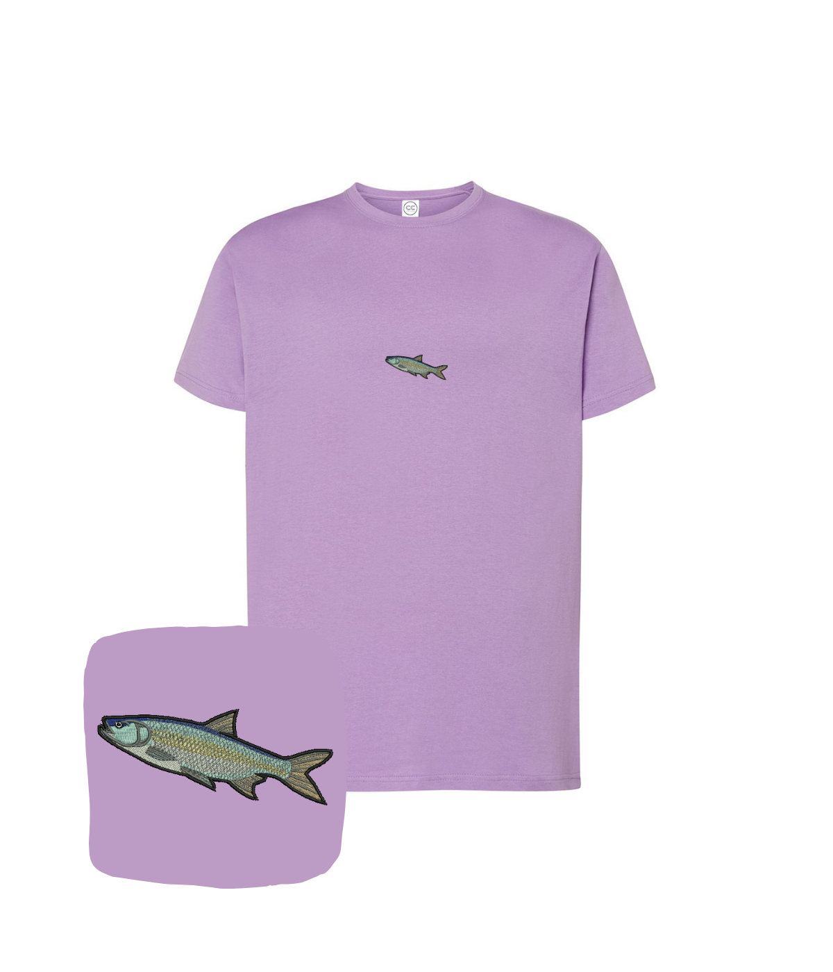 Lavender fishing T-shirt with embroidered pike fish design, from CustomClothes.pl, featuring a detailed pike embroidery on the front.