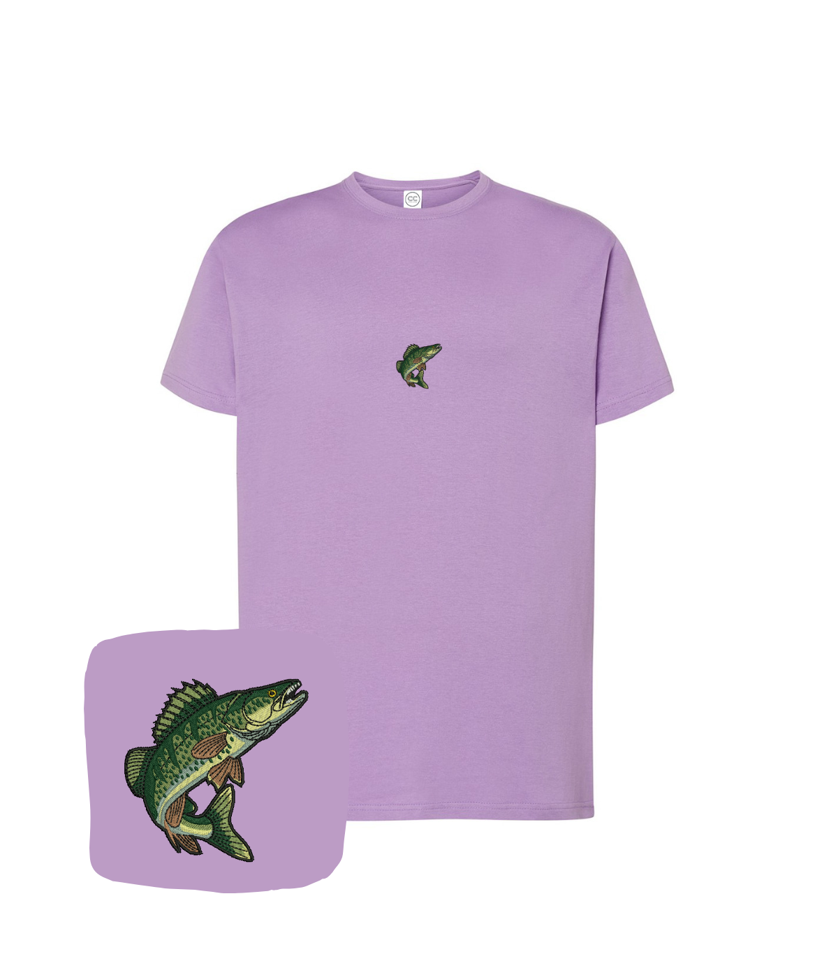 Lavender CustomClothes.pl t-shirt with embroidered perch fish design, showcasing detailed needlework on the front.