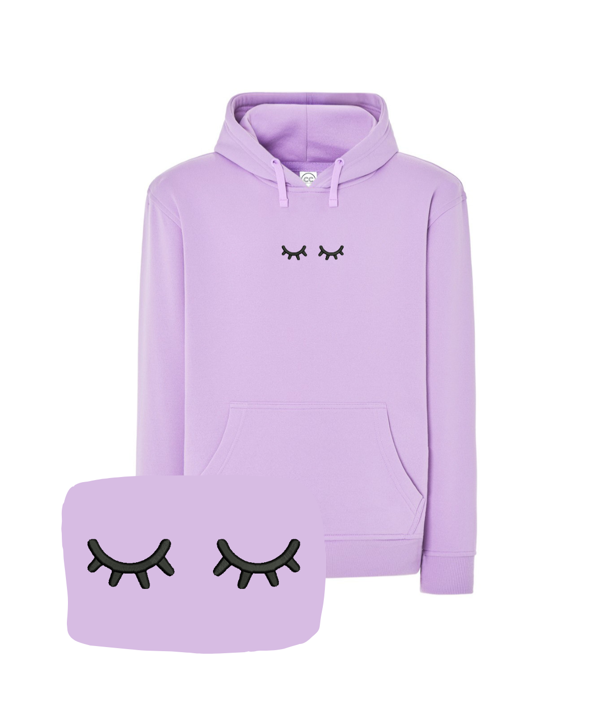 Lavender sweatshirt with embroidered sleeping eyes design, casual bluza from CustomClothes.pl featuring detailed embroidery.