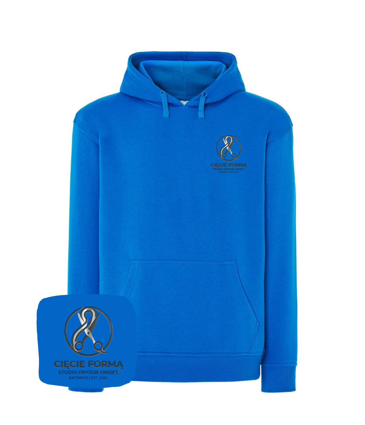 Blue sweatshirt with embroidered company logo on the chest, featuring a comfortable fit and casual style.