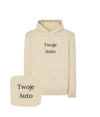 Personalizowana bluza z kapturem z indywidualnym haftem samochodu, biały, dla fana motoryzacji, wygodna i unikalna