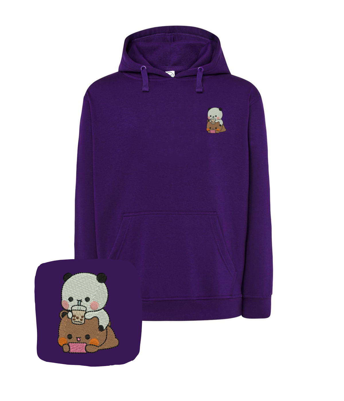 Matching blue sweatshirt with embroidery of Bubu and Dudu characters from CustomClothes.pl, featuring detailed embroidered design.