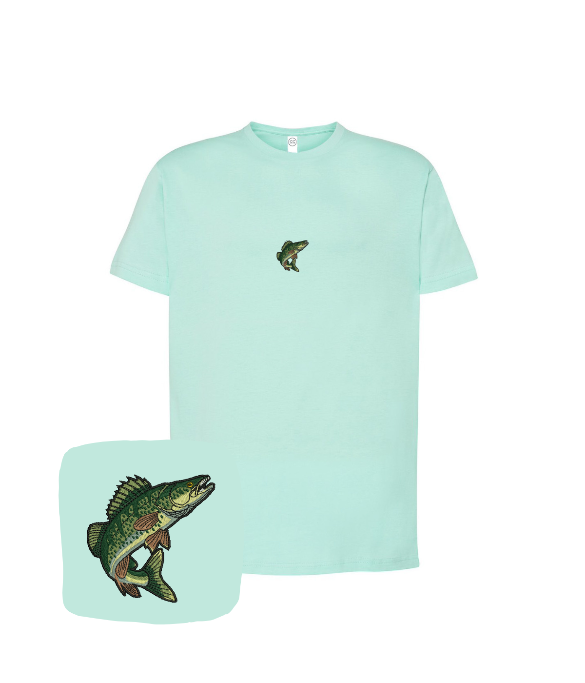 Mietowa koszulka z haftem ryby okoń i zabawnym napisem, casual t-shirt by CustomClothes.pl.