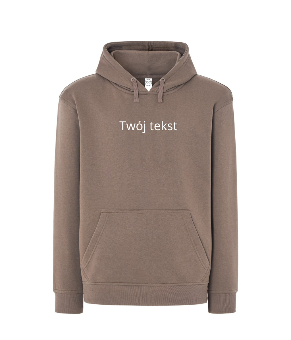 CustomClothes.pl personalized hoodie with small custom text on the front, featuring a cozy hood and soft fabric.