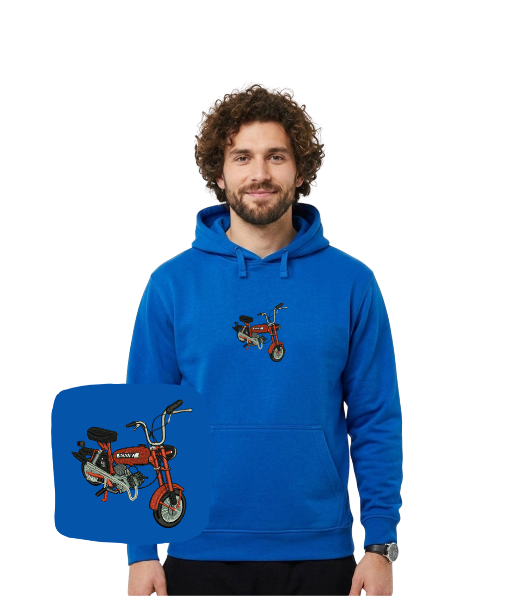 Black hoodie with Romet motorbike embroidery, casual sweatshirt for motorbike enthusiasts and PRL history fans.