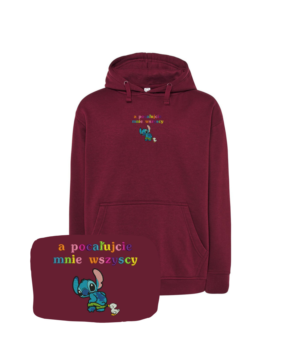 CustomClothes.pl blue hoodie with embroidered "Kiss Me All" design, casual style, shown on a model.