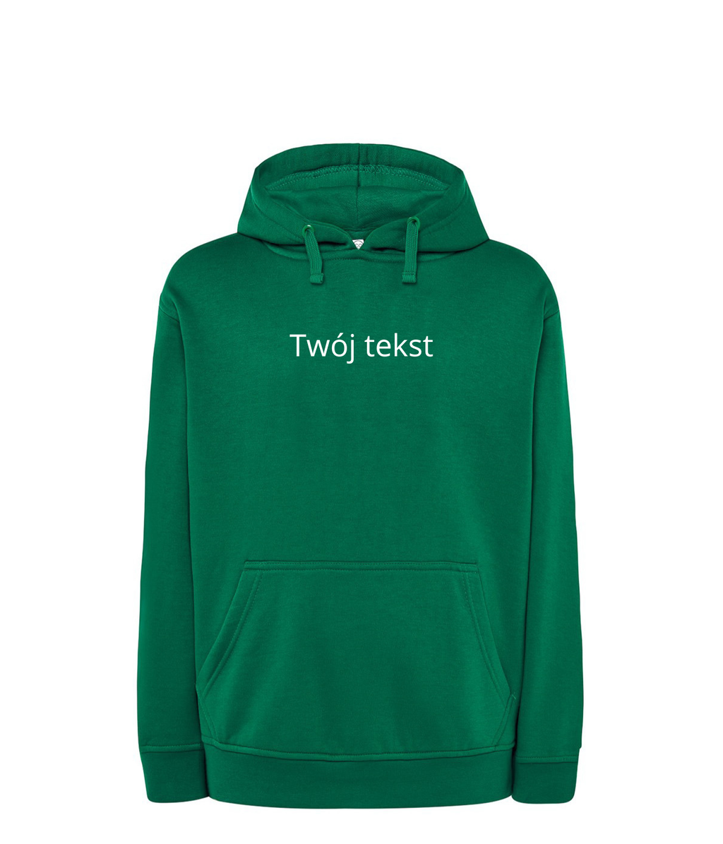 Personalized hoodie with small custom text on the chest, featuring a warm, comfortable design from CustomClothes.pl.