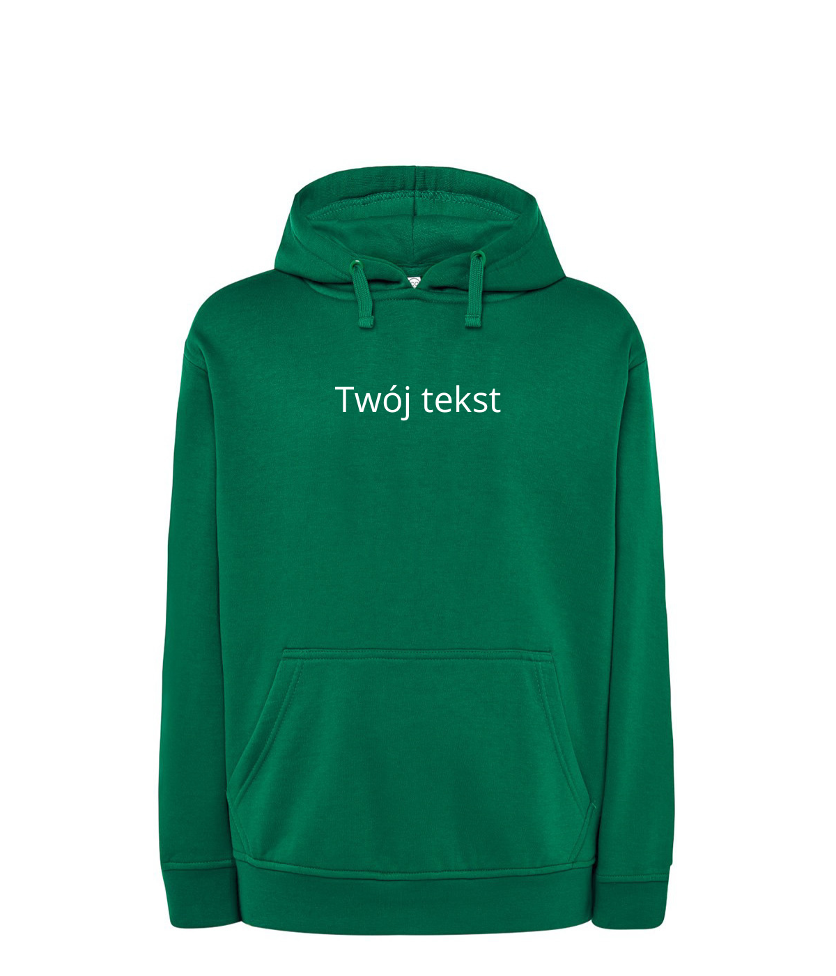 Personalized hoodie with small custom text on the chest, featuring a warm, comfortable design from CustomClothes.pl.