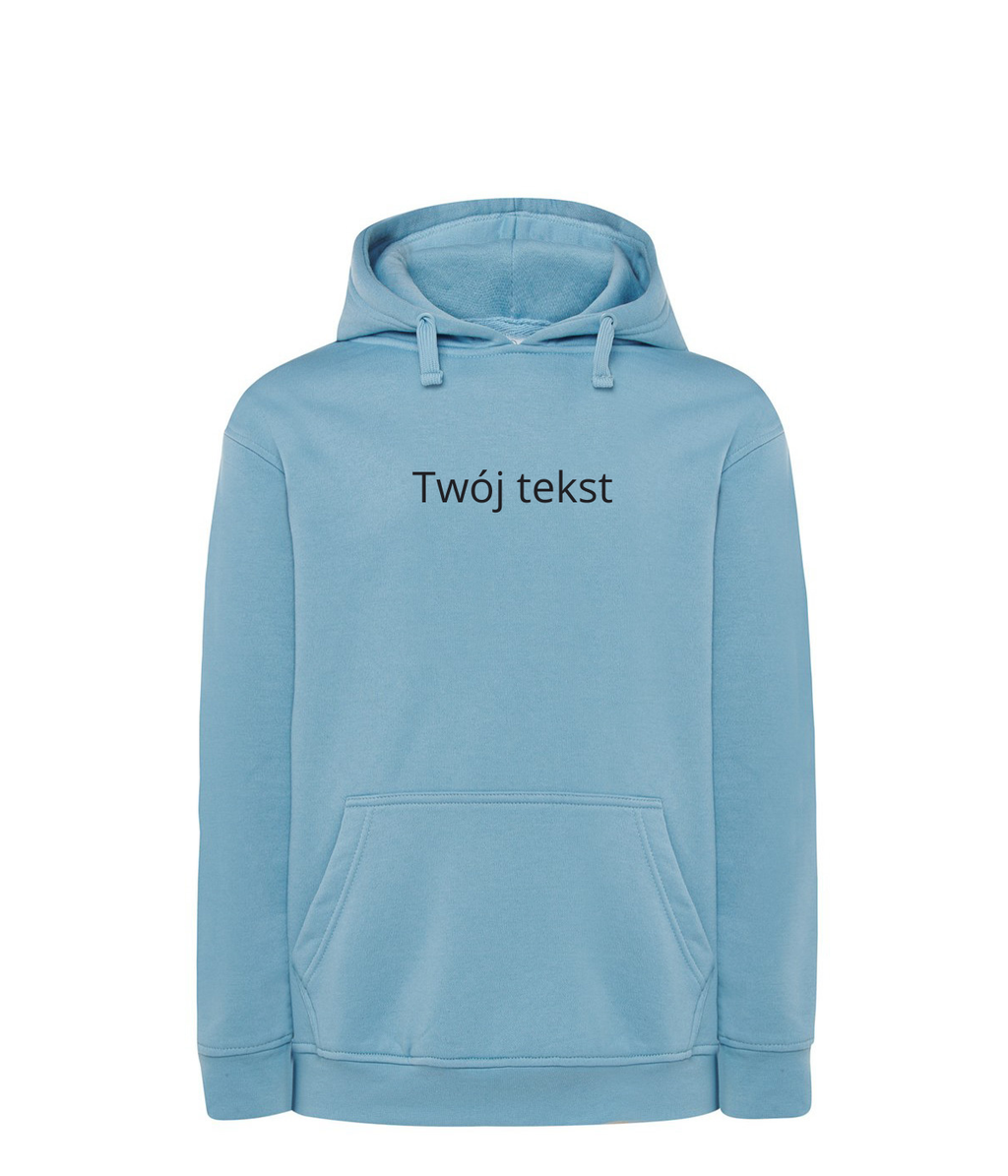 Blue personalized hoodie with custom small text, made by CustomClothes.pl, featuring a comfortable fit and casual style.