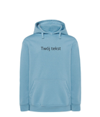 Blue personalized hoodie with custom small text, made by CustomClothes.pl, featuring a comfortable fit and casual style.