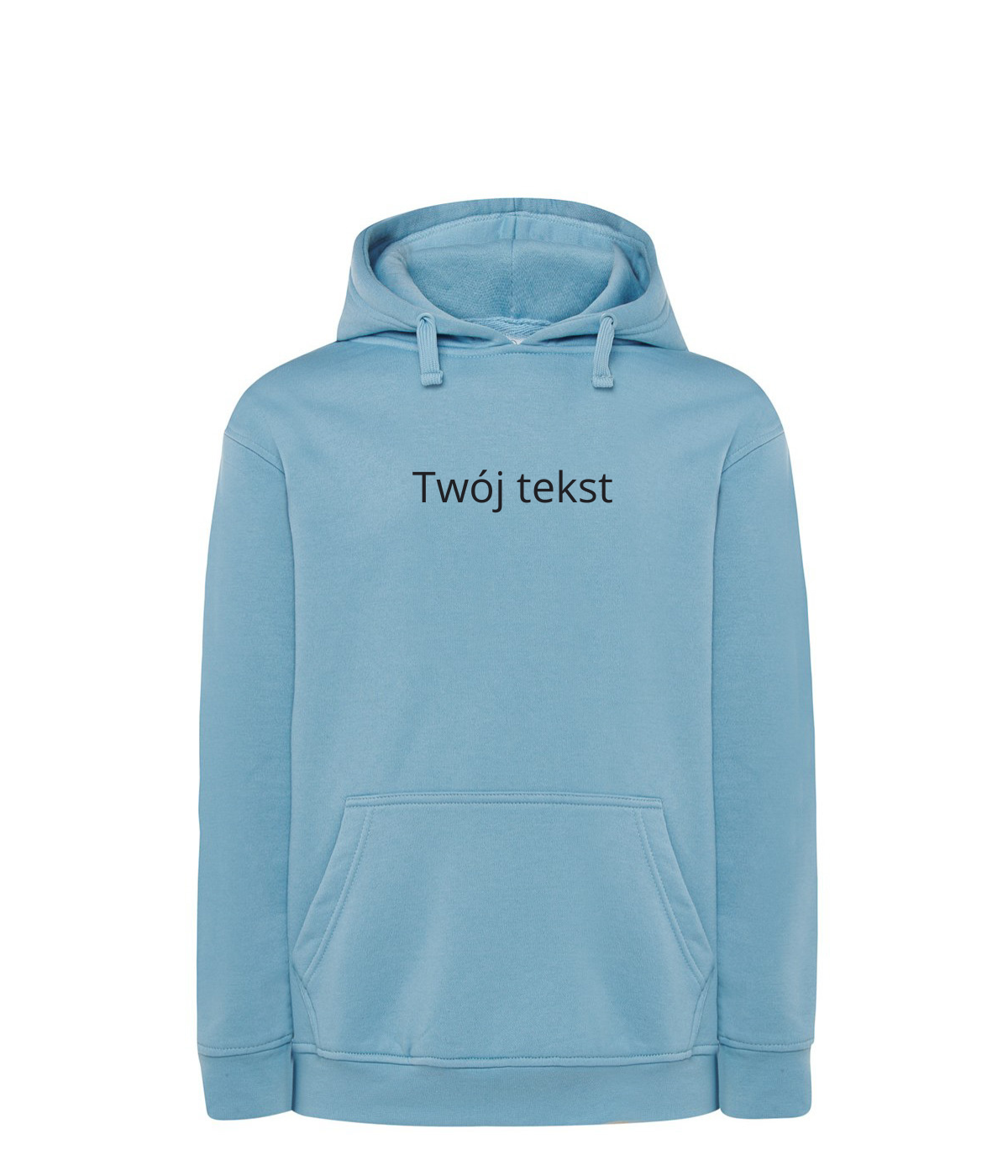 Blue personalized hoodie with custom small text, made by CustomClothes.pl, featuring a comfortable fit and casual style.