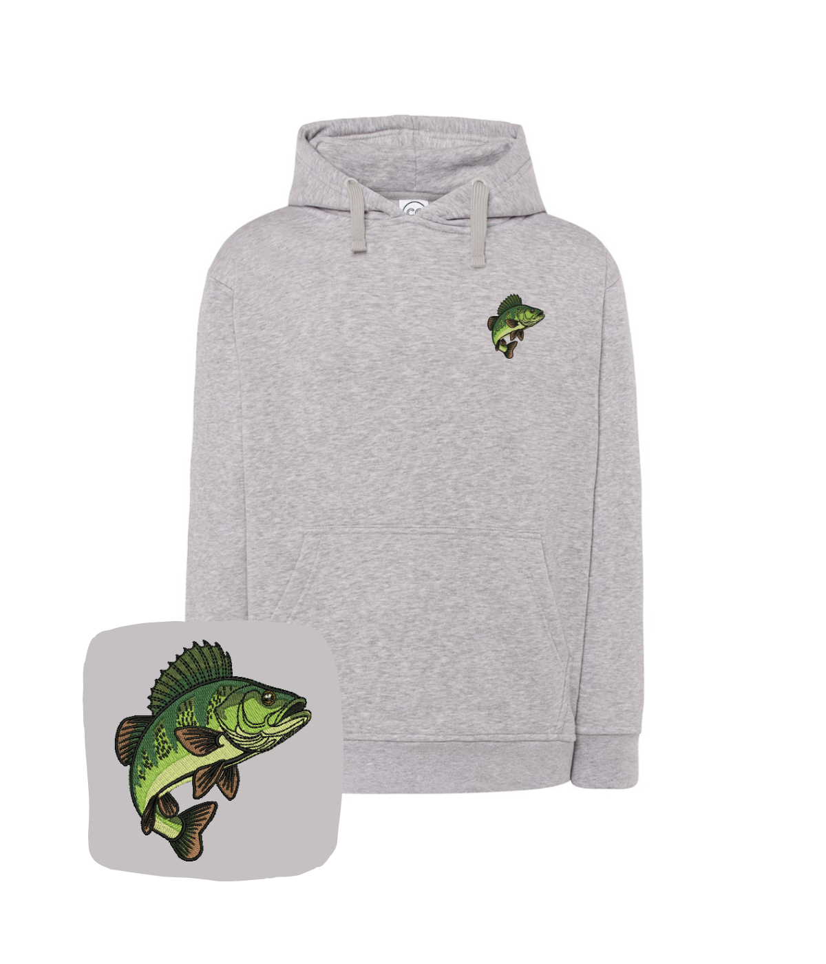 CustomClothes.pl blue sweatshirt featuring an embroidered fish, specifically a perch, with detailed fish eye design.