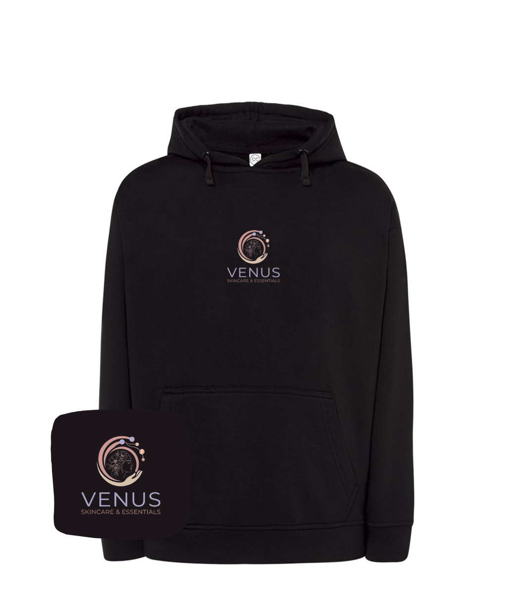 Blue hoodie with embroidered company logo on the front, featuring a comfortable fit and casual style from CustomClothes.pl.