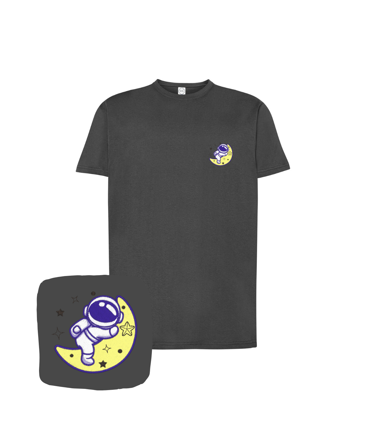 Personalized T-shirt with astronaut embroidery by CustomClothes.pl, featuring a detailed space-themed design on soft fabric.