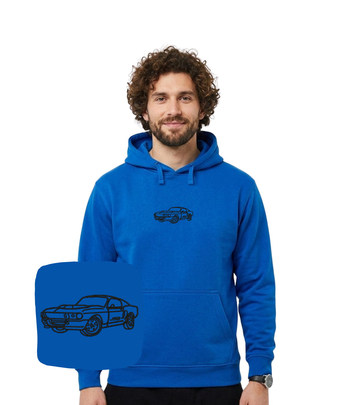 Personalized CustomClothes.pl bluza with embroidered mustang outline design, showcasing detailed stitching on the front.