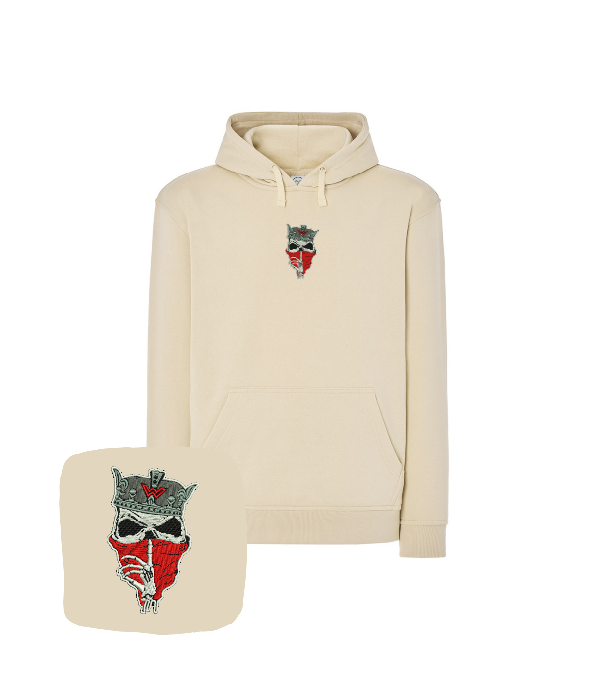Black hoodie with a custom skull crown embroidery, featuring a hood and casual fit, perfect for fans of dark fashion.