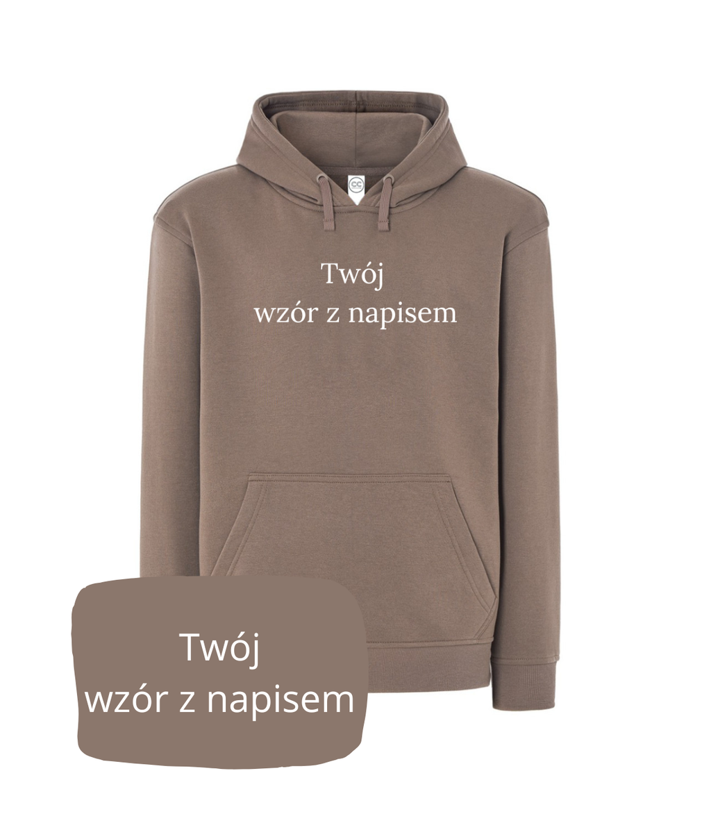 Custom personalized hoodie with custom text and embroidered photo design on the front, made by CustomClothes.pl
