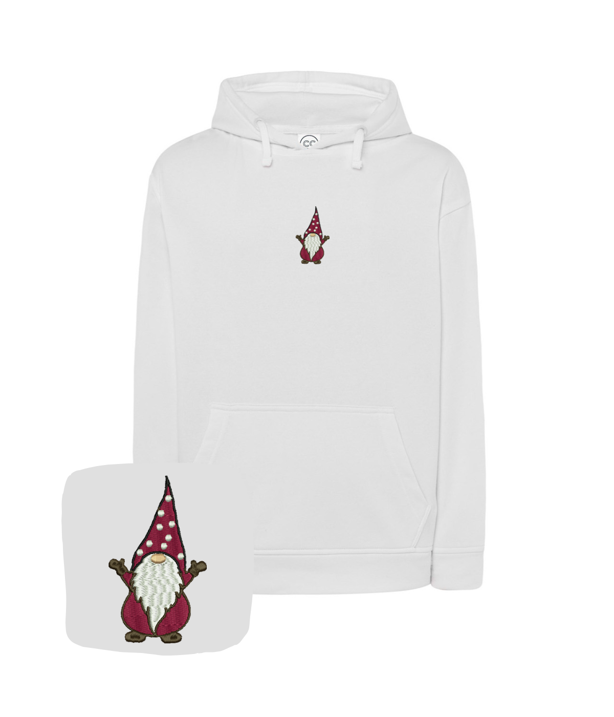 Personalized hoodie with gnome embroidery, custom design on soft fabric, ideal for unique and cozy casual wear.