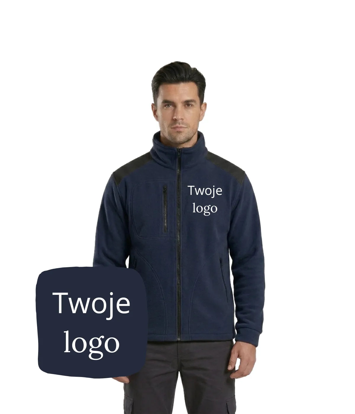 Mężczyzna ubrany w granatowy polar firmowy z czarnymi wzmocnieniami i miejscem na logo firmy na piersi - polar z haftem logo od 1 sztuki