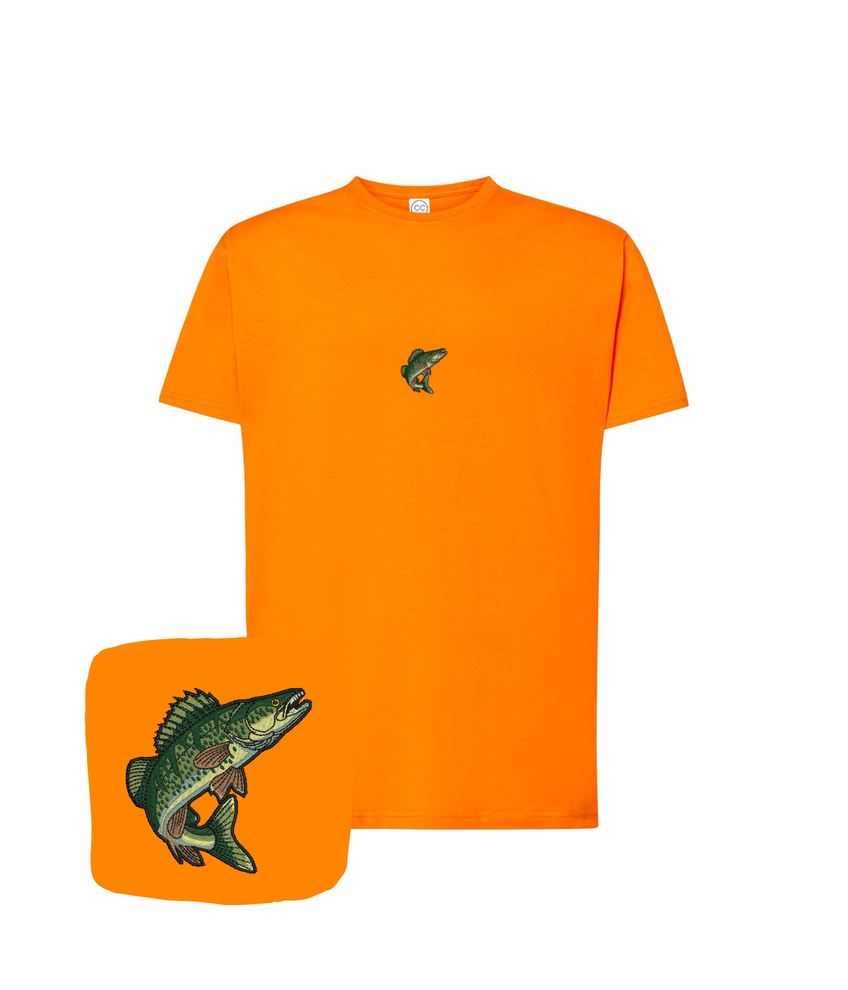 Orange CustomClothes.pl fishing T-shirt with embroidered perch fish design, perfect for casual wear or fishing enthusiasts.
