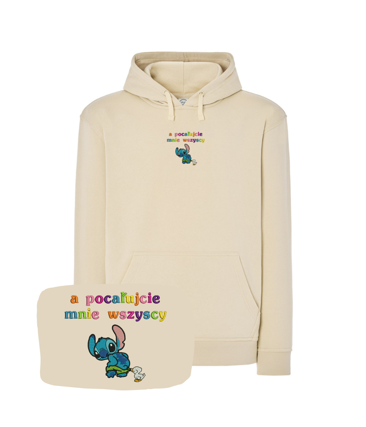 CustomClothes.pl bluza z haftem "A pocałujcie mnie wszyscy" w casual style, pokazująca haftowany napis na piersi.