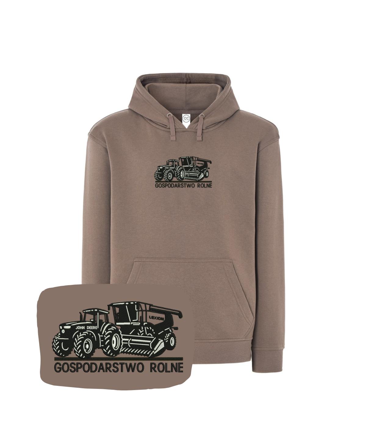 Beige blouse with embroidered farm motif, made by CustomClothes.pl, featuring detailed craftsmanship and a casual fit.