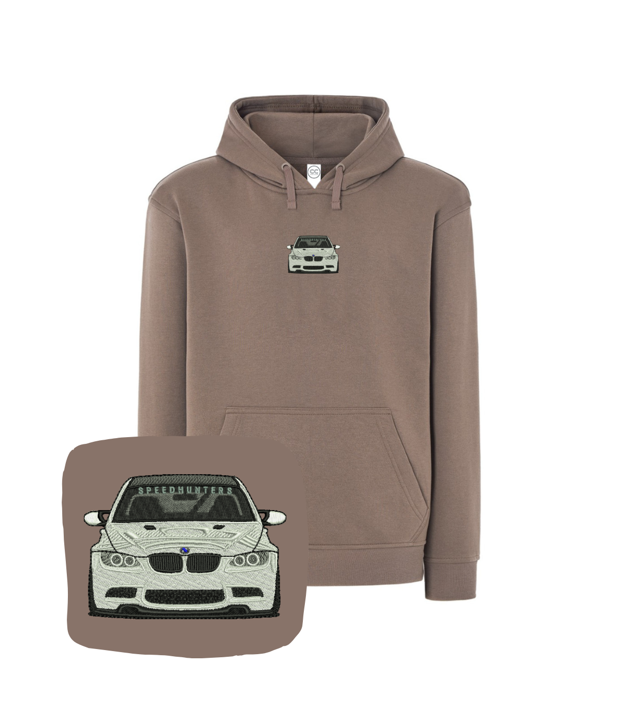 Beige BMW embroidered sweatshirt with logo and detailed stitching, casual apparel for car enthusiasts.