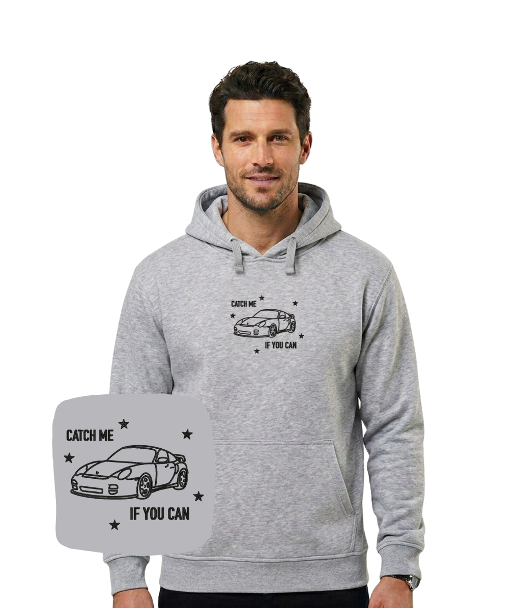 Blue hoodie with embroidered "Catch Me If You Can" design by CustomClothes.pl, featuring automotive-themed artwork and casual style.