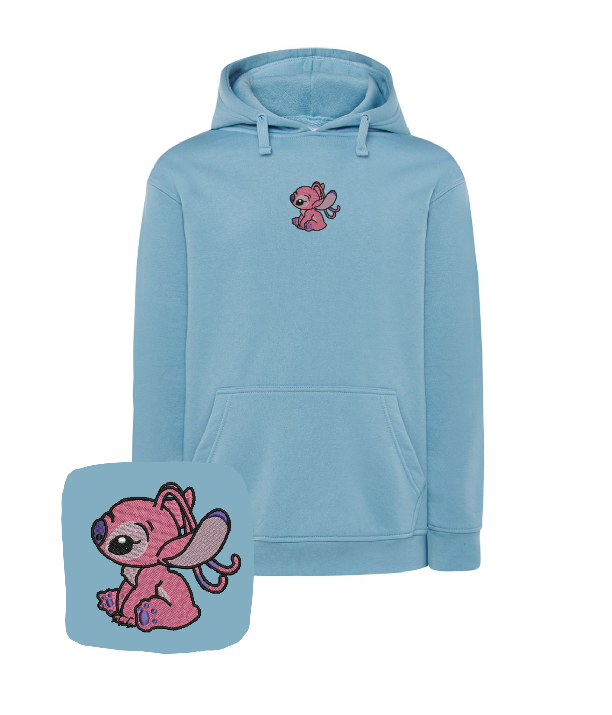 Beige CustomClothes.pl blue hoodie with intricate embroidered angel design, casual and stylish for everyday wear.