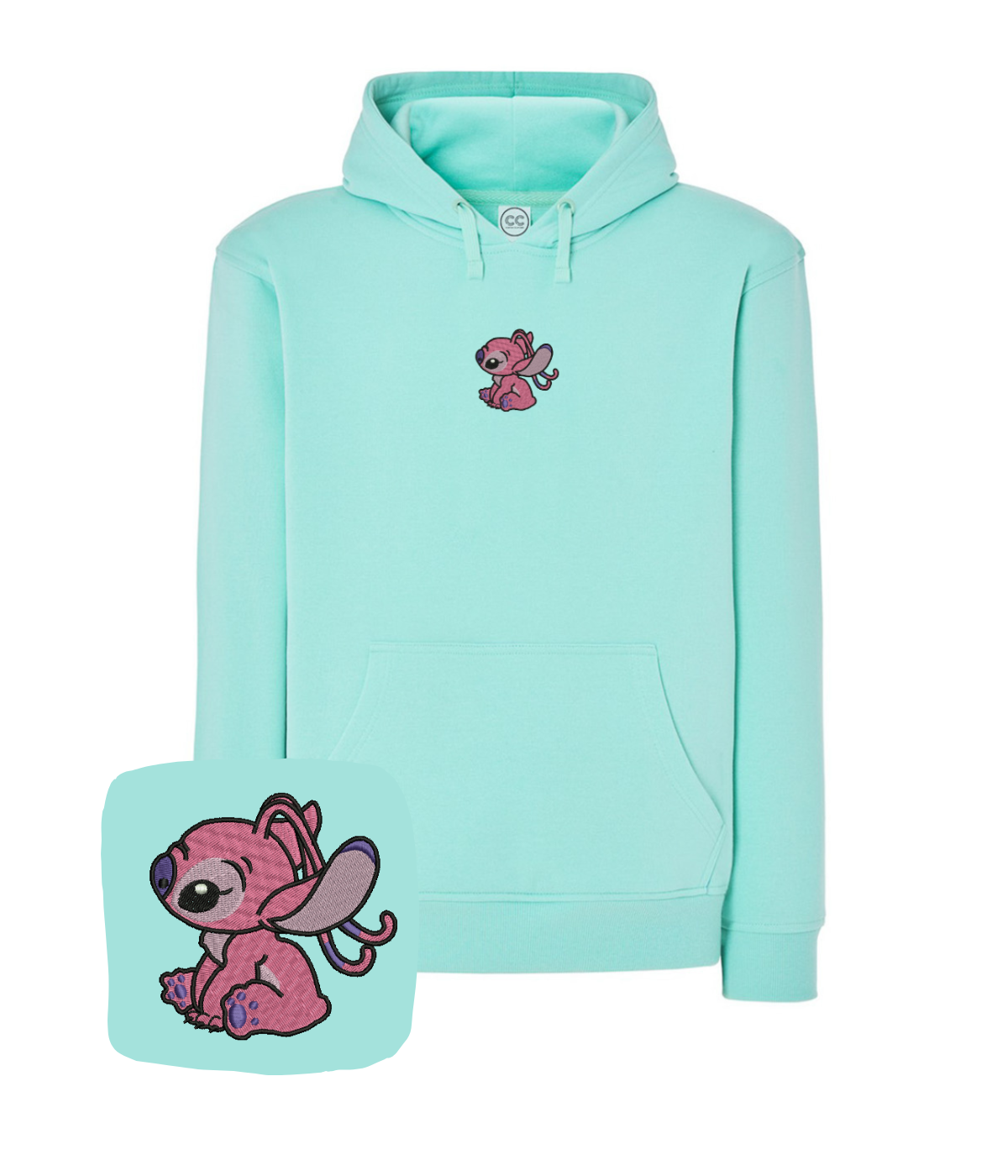 Decorative blue hoodie with embroidered angel design, featuring a cozy fit and stylish details from CustomClothes.pl.