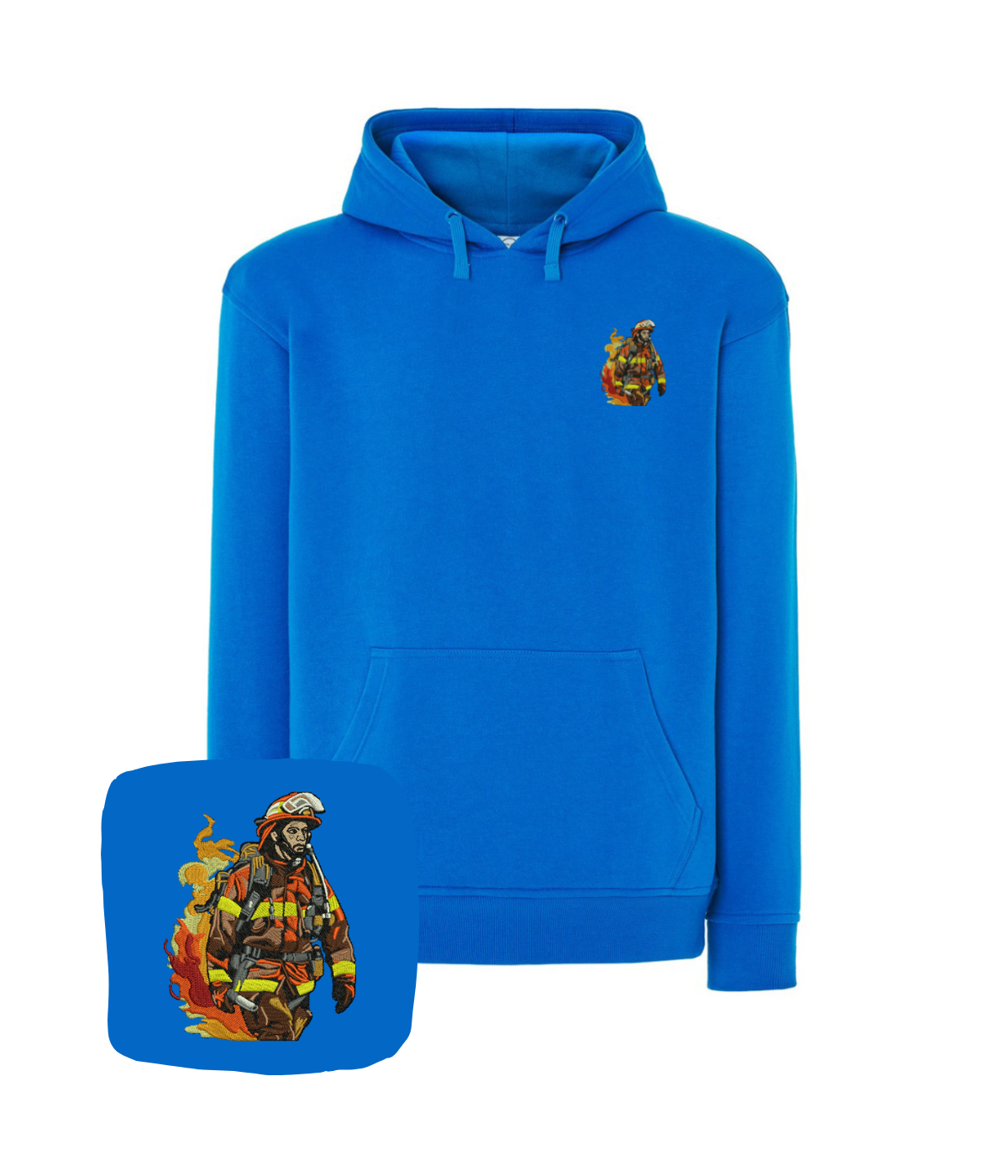Red sweatshirt with firefighter embroidery on the chest, featuring a detailed firefighter design, perfect for a firefighter gift.