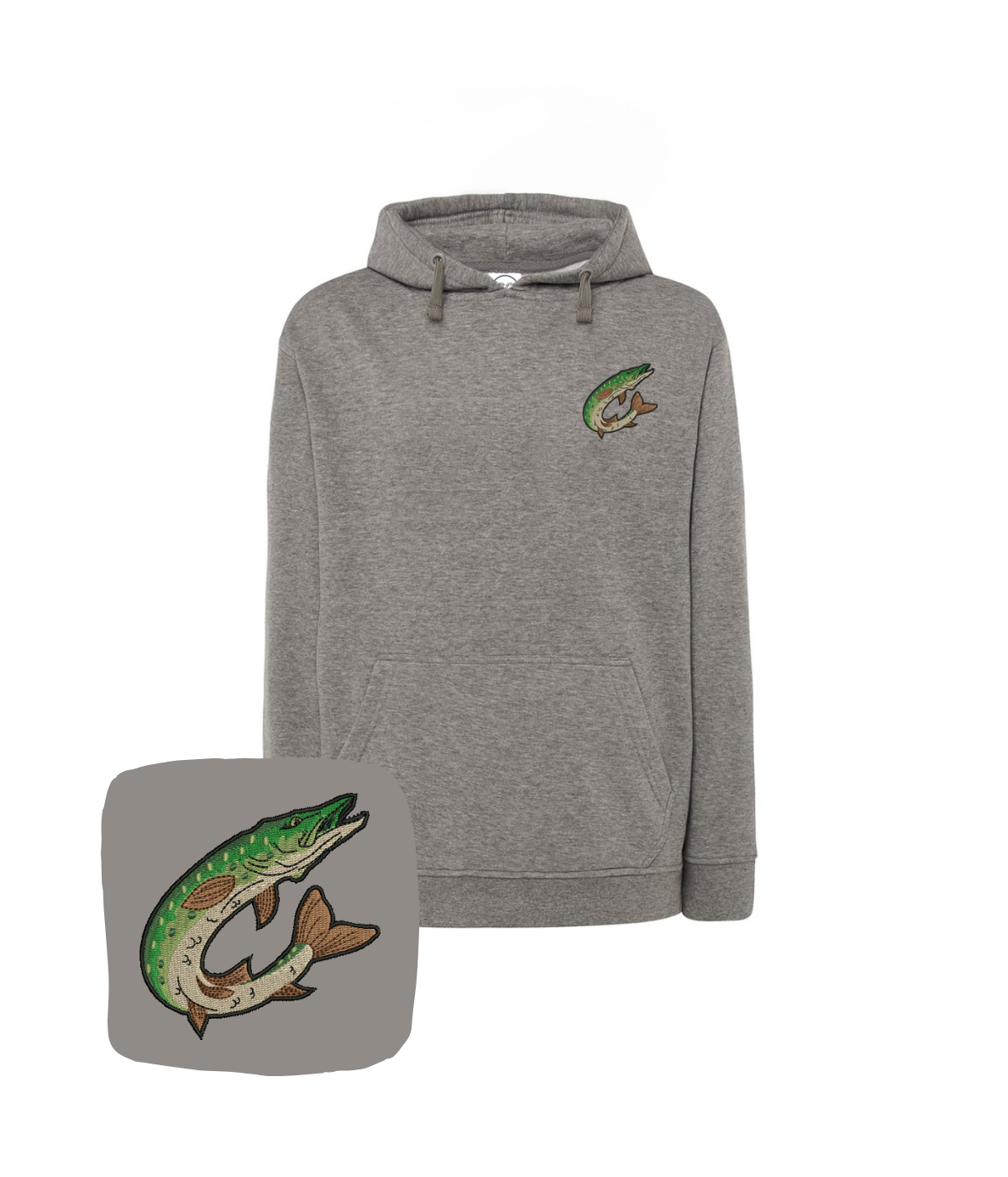 Blue sweatshirt with a stitched pike design, featuring a fishing motif, by CustomClothes.pl.