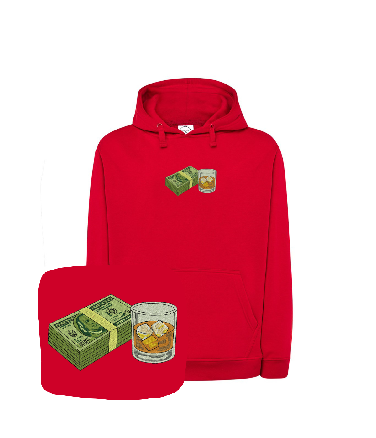 CustomClothes.pl bluza z haftem banknoty i whisky, casual sweatshirt featuring intricate embroidered money and whisky design.