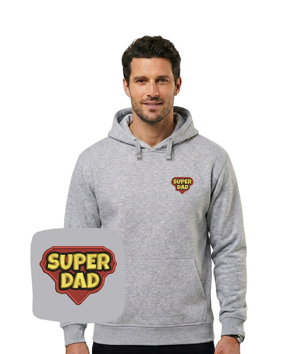 CustomClothes.pl blue hoodie with embroidered "Super Dad" design, perfect for Father's Day, featuring a comfortable fit and stylish look.
