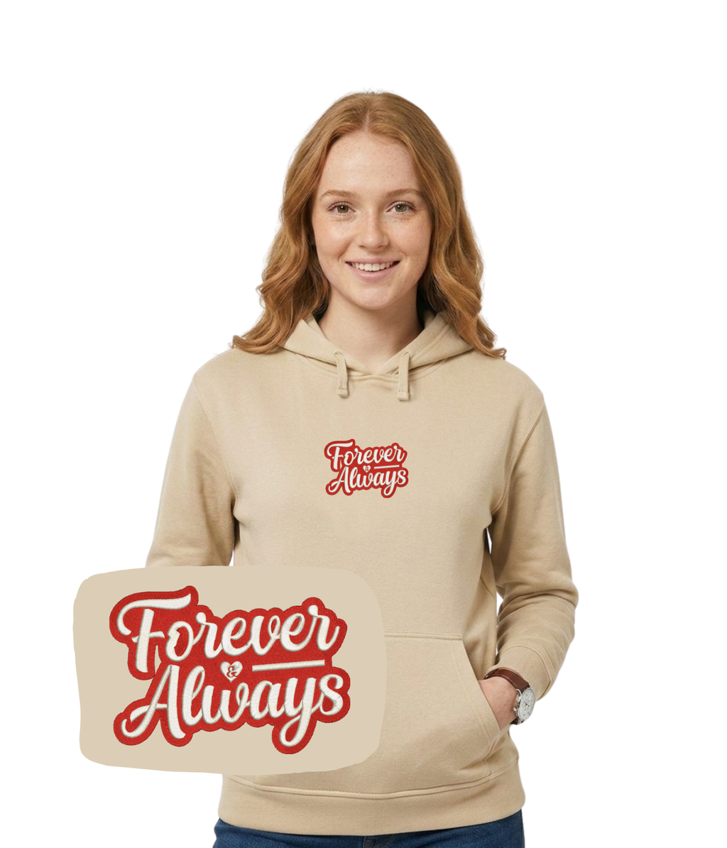 CustomClothes.pl blue hoodie with embroidered "Forever & Always" design, perfect for Valentine's Day gift.