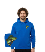 Blue hoodie with embroidered perch fish design, casual style, from CustomClothes.pl.