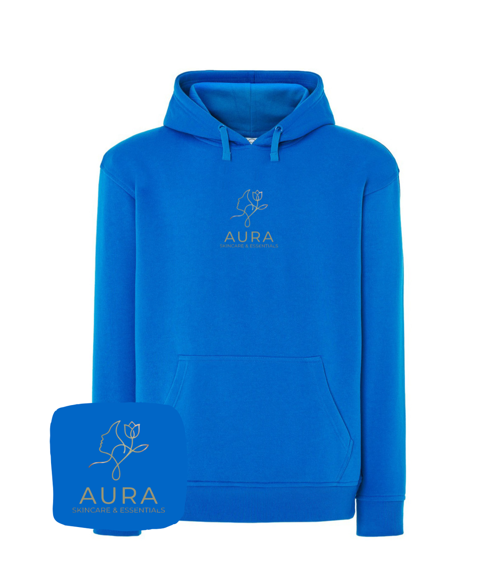 Blue sweatshirt with embroidered company logo on the front, made by CustomClothes.pl, showcasing a clean, professional design.
