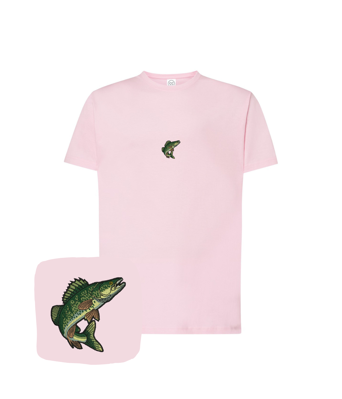 Pink embroidered fish shirt featuring a detailed fish eye design, perfect for casual wear by CustomClothes.pl