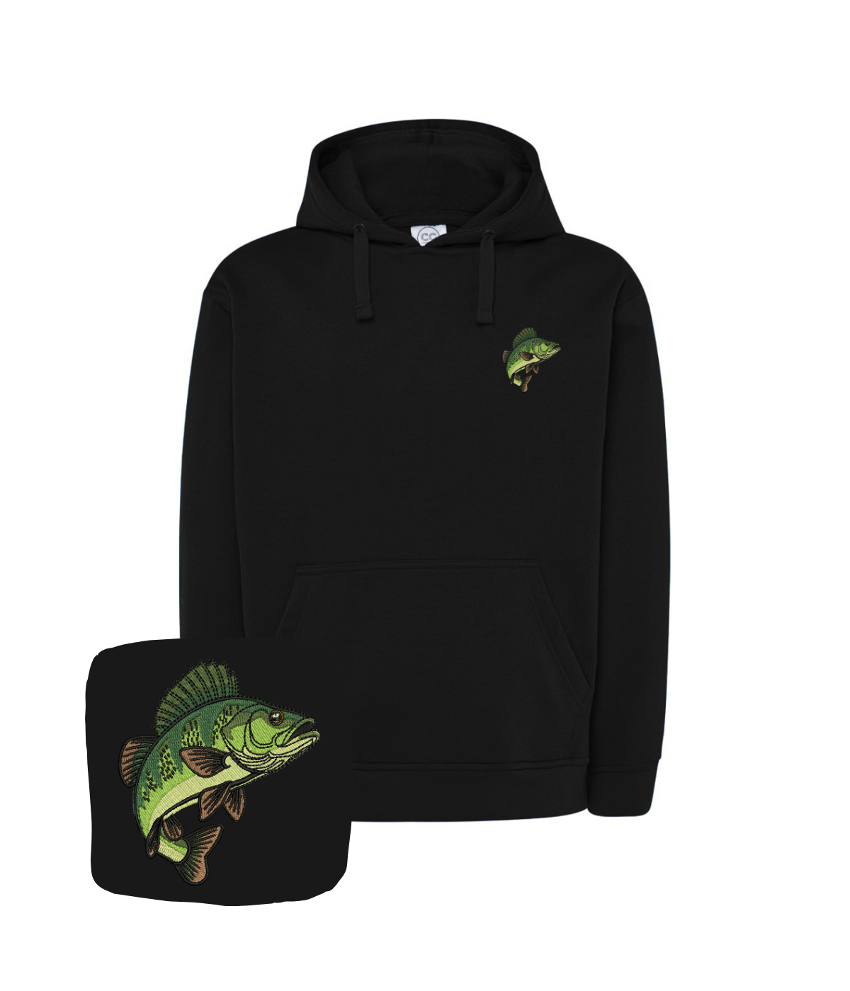 CustomClothes.pl blue sweatshirt with fish embroidery featuring a detailed perch design on the front.