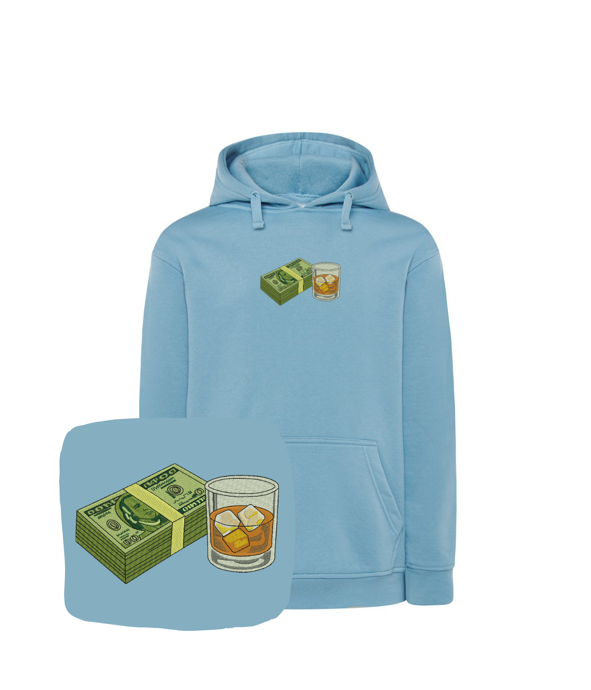 Funny blue sweatshirt with banknote and whisky embroidery by CustomClothes.pl, featuring detailed embroidered designs.