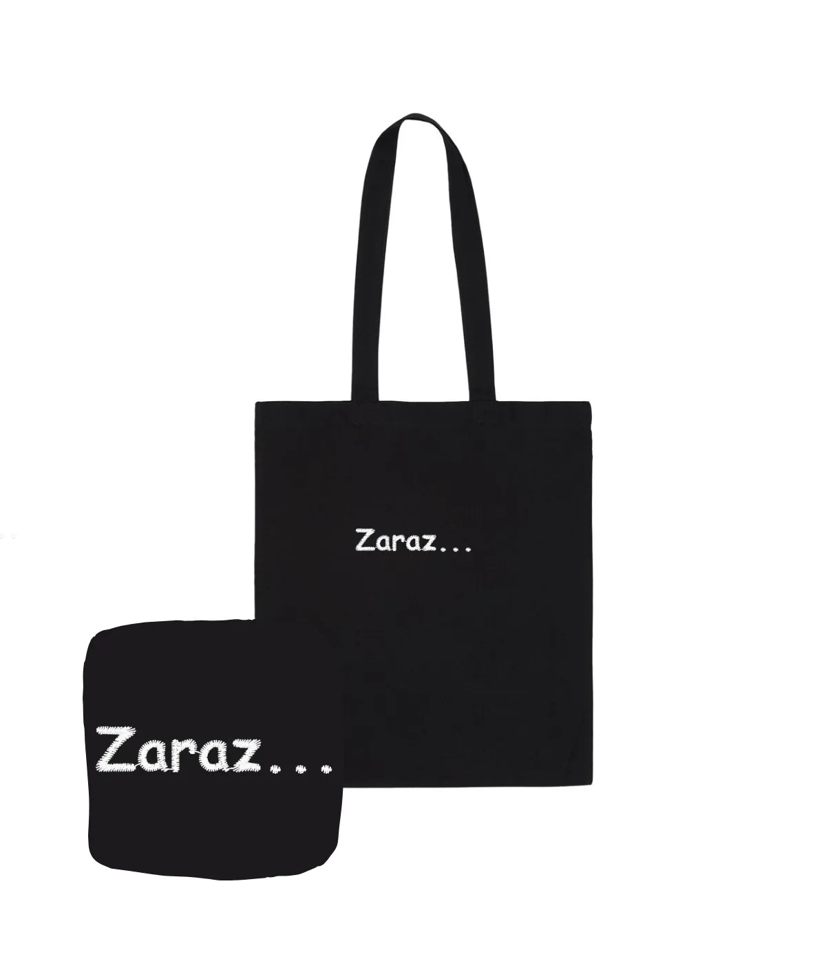 Czarna bawełniana torba na zakupy ze śmiesznym białym haftem Zaraz... oraz zbliżeniem na wzór.