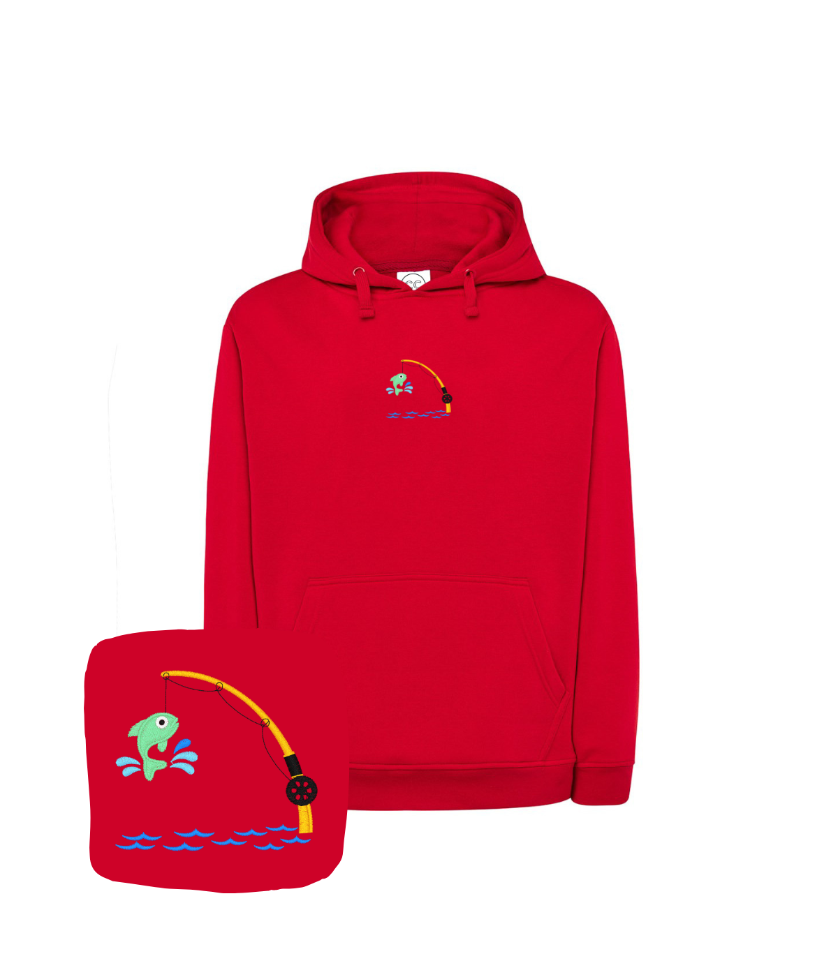 czerwona bluza z haftem na środku 