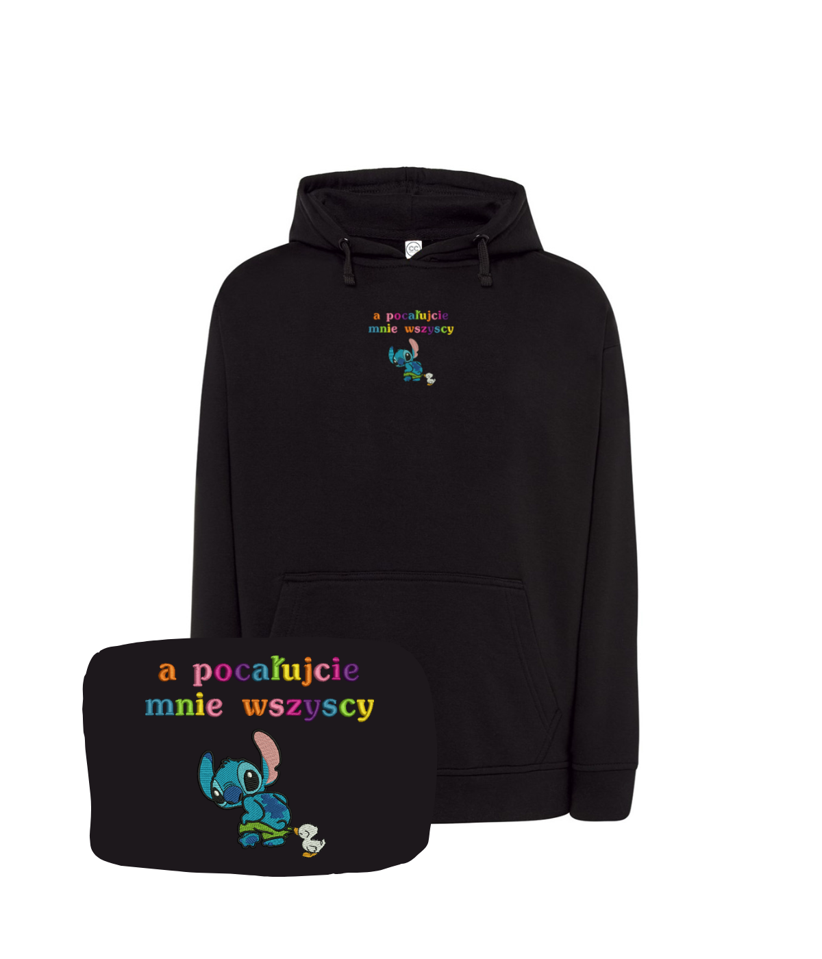 CustomClothes.pl blue sweatshirt with embroidered "A pocałujcie mnie wszyscy" design, casual style and detailed stitching.